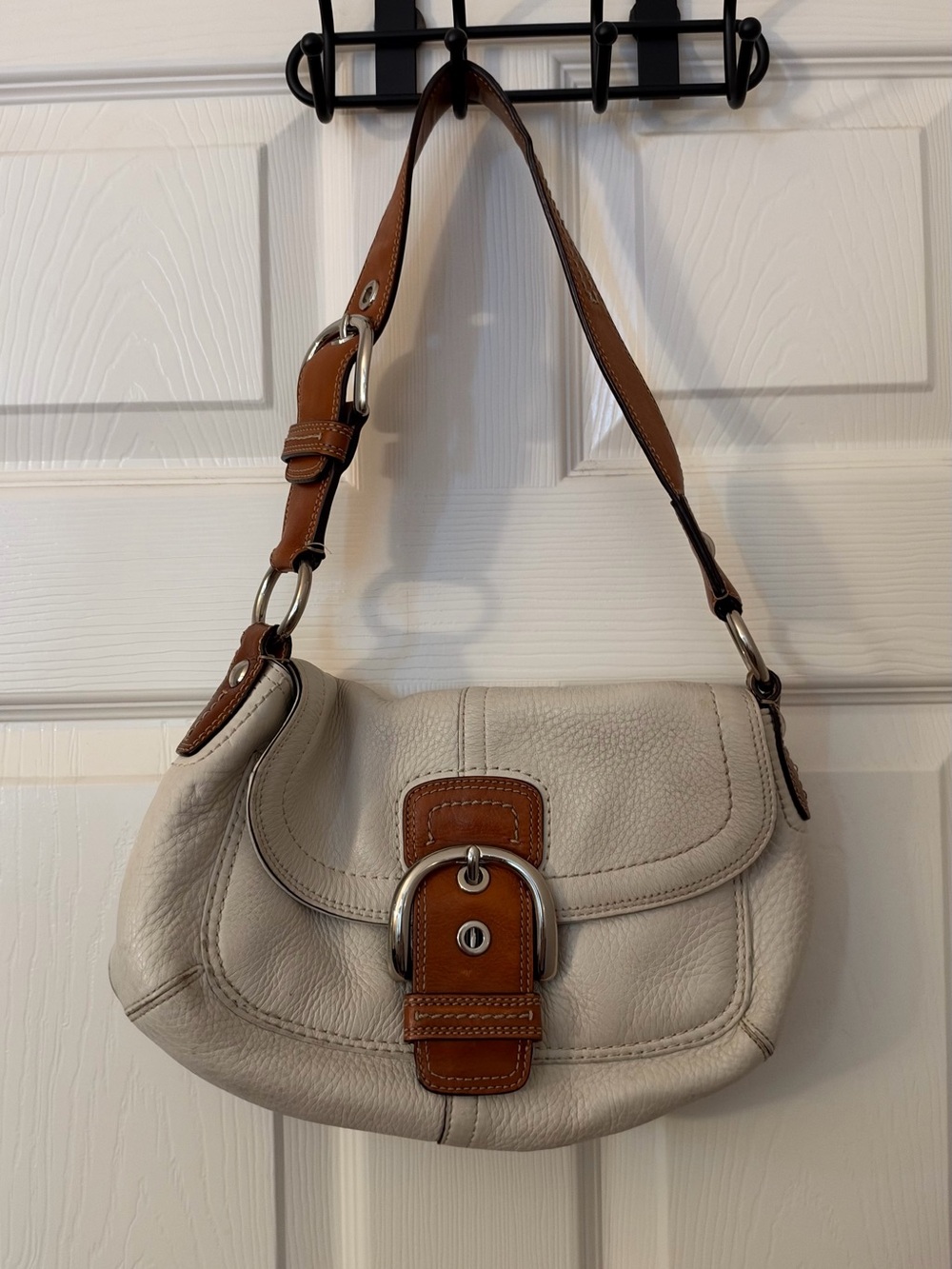 Coach Cream Leather Shoulder Bag with Tan Trim